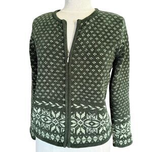 Christopher & Banks Nordic Pattern Full Zip Green and White Cardigan Jacket Med